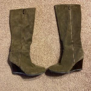 Franco Sarto Knee High Suede Leather Wedge Boots, size 9.5, brown